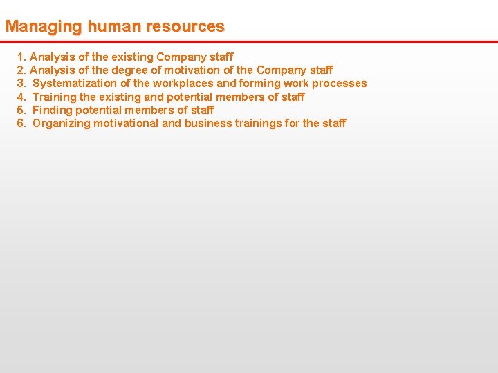 Managing human resources 1. Analysis of the existing Company staff 2. Analysis of the