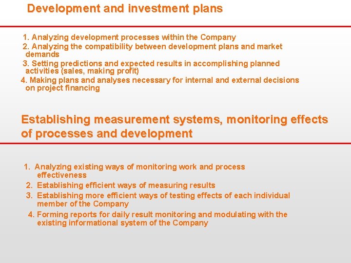 Development and investment plans 1. Analyzing development processes within the Company 2. Analyzing the