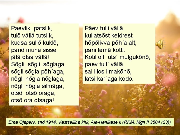 Päevlik, pätslik, tulõ vällä tutslik, küdsa sullõ kuklõ, panõ muna sisse, jätä otsa vällä!