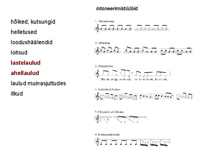 intoneerimistüübid hõiked, kutsungid helletused loodushäälendid loitsud lastelaulud ahellaulud muinasjuttudes itkud 