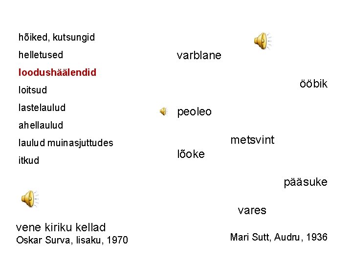 hõiked, kutsungid helletused varblane loodushäälendid ööbik loitsud lastelaulud peoleo ahellaulud muinasjuttudes itkud metsvint lõoke