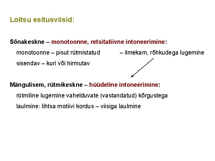 Loitsu esitusviisid: Sõnakeskne – monotoonne, retsitatiivne intoneerimine: monotoonne – pisut rütmistatud – ilmekam, rõhkudega