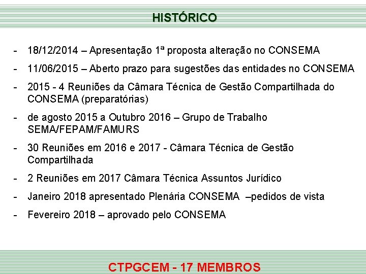 HISTÓRICO - 18/12/2014 – Apresentação 1ª proposta alteração no CONSEMA - 11/06/2015 – Aberto