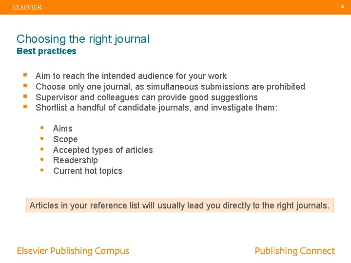 | 25 Choosing the right journal Best practices § § Aim to reach the