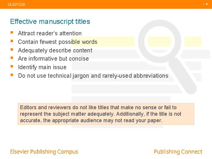 | 30 Effective manuscript titles § § § Attract reader’s attention Contain fewest possible