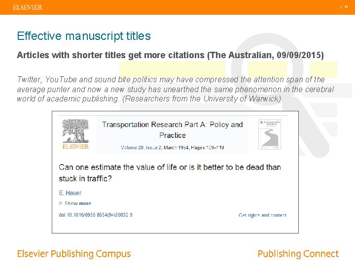 | 31 Effective manuscript titles Articles with shorter titles get more citations (The Australian,