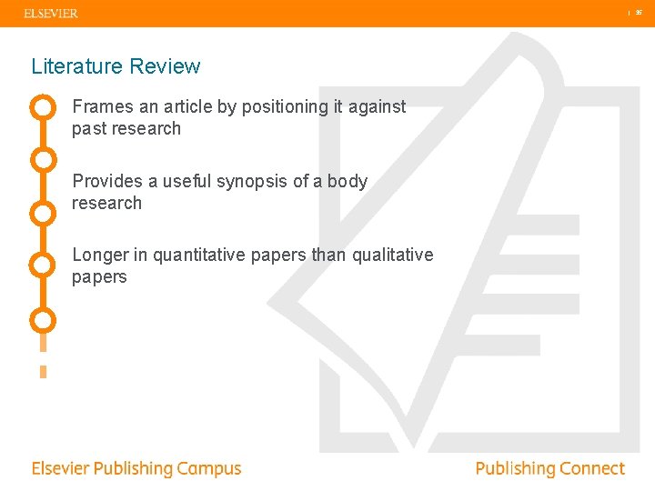 | 35 Literature Review Frames an article by positioning it against past research Provides