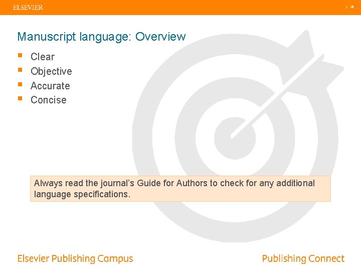 | 43 Manuscript language: Overview § § Clear Objective Accurate Concise Always read the