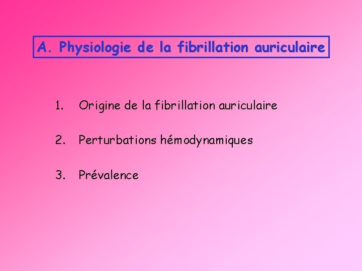 A. Physiologie de la fibrillation auriculaire 1. Origine de la fibrillation auriculaire 2. Perturbations