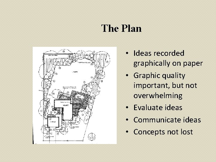 The Plan • Ideas recorded graphically on paper • Graphic quality important, but not