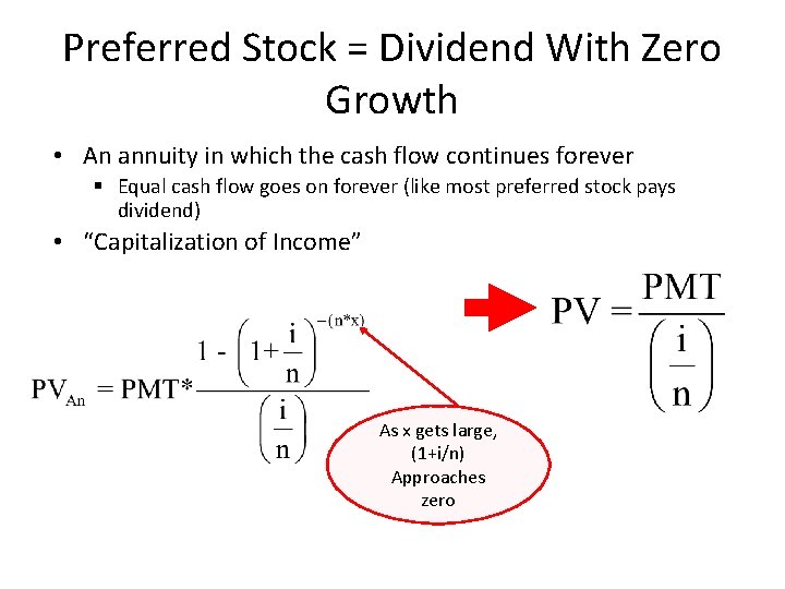 Preferred Stock = Dividend With Zero Growth • An annuity in which the cash