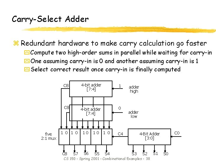Carry-Select Adder z Redundant hardware to make carry calculation go faster y Compute two Carry-Select Adder z Redundant hardware to make carry calculation go faster y Compute two