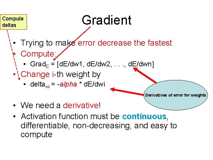 Compute deltas Gradient • Trying to make error decrease the fastest • Compute: • Compute deltas Gradient • Trying to make error decrease the fastest • Compute: •