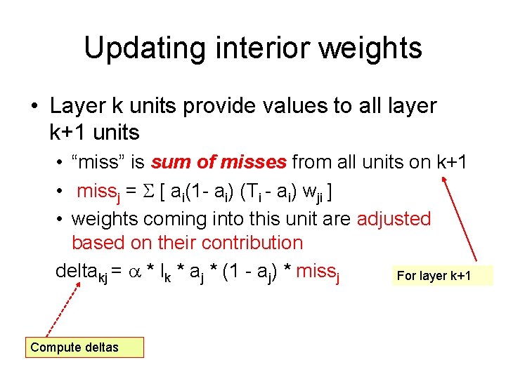 Updating interior weights • Layer k units provide values to all layer k+1 units Updating interior weights • Layer k units provide values to all layer k+1 units