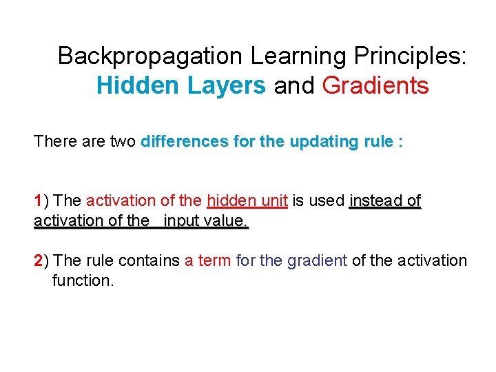 Backpropagation Learning Principles: Hidden Layers and Gradients There are two differences for the updating Backpropagation Learning Principles: Hidden Layers and Gradients There are two differences for the updating