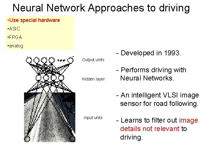 Neural Network Approaches to driving • Use special hardware • ASIC • FPGA • Neural Network Approaches to driving • Use special hardware • ASIC • FPGA •