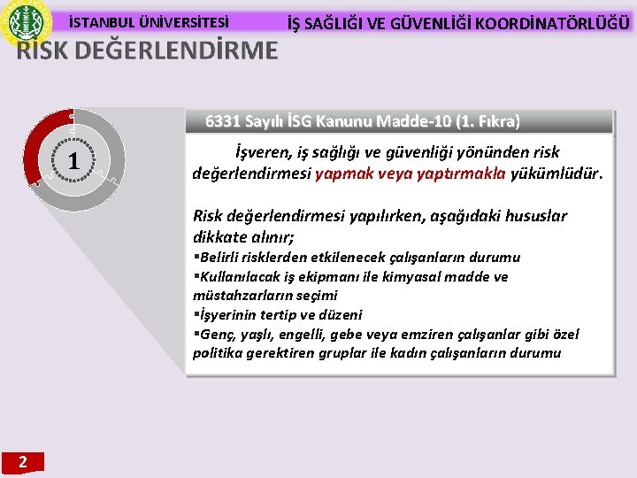 İSTANBUL ÜNİVERSİTESİ İŞ SAĞLIĞI VE GÜVENLİĞİ KOORDİNATÖRLÜĞÜ 6331 Sayılı İSG Kanunu Madde-10 (1. Fıkra)