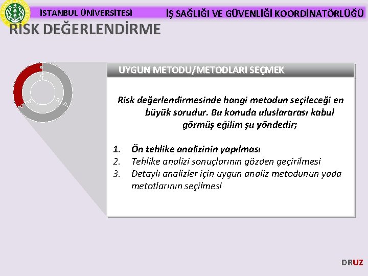 İSTANBUL ÜNİVERSİTESİ İŞ SAĞLIĞI VE GÜVENLİĞİ KOORDİNATÖRLÜĞÜ UYGUN METODU/METODLARI SEÇMEK Risk değerlendirmesinde hangi metodun