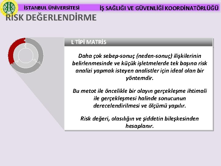 İSTANBUL ÜNİVERSİTESİ İŞ SAĞLIĞI VE GÜVENLİĞİ KOORDİNATÖRLÜĞÜ L TİPİ MATRİS Daha çok sebep-sonuç (neden-sonuç)