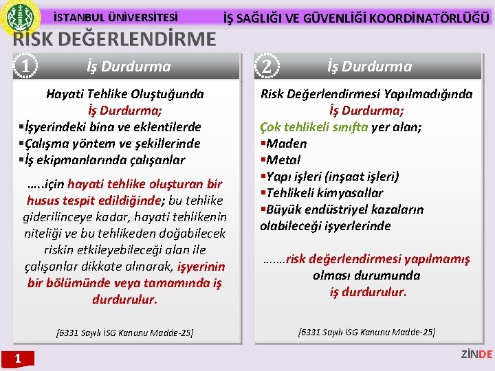 İSTANBUL ÜNİVERSİTESİ 1 İŞ SAĞLIĞI VE GÜVENLİĞİ KOORDİNATÖRLÜĞÜ İş Durdurma Hayati Tehlike Oluştuğunda İş