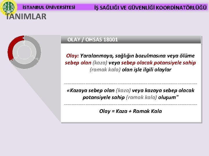 İSTANBUL ÜNİVERSİTESİ İŞ SAĞLIĞI VE GÜVENLİĞİ KOORDİNATÖRLÜĞÜ OLAY / OHSAS 18001 Olay: Yaralanmaya, sağlığın