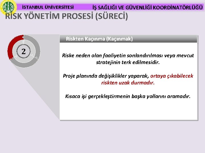 İSTANBUL ÜNİVERSİTESİ İŞ SAĞLIĞI VE GÜVENLİĞİ KOORDİNATÖRLÜĞÜ Riskten Kaçınma (Kaçınmak) 2 Riske neden olan