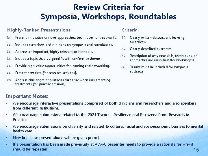 Review Criteria for Symposia, Workshops, Roundtables Highly-Ranked Presentations: Present innovative or novel approaches, techniques,