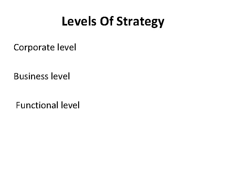 Levels Of Strategy Corporate level Business level Functional level 
