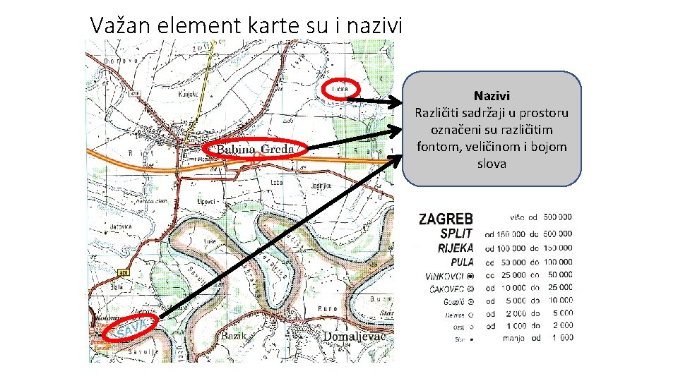 Važan element karte su i nazivi Nazivi Različiti sadržaji u prostoru označeni su različitim