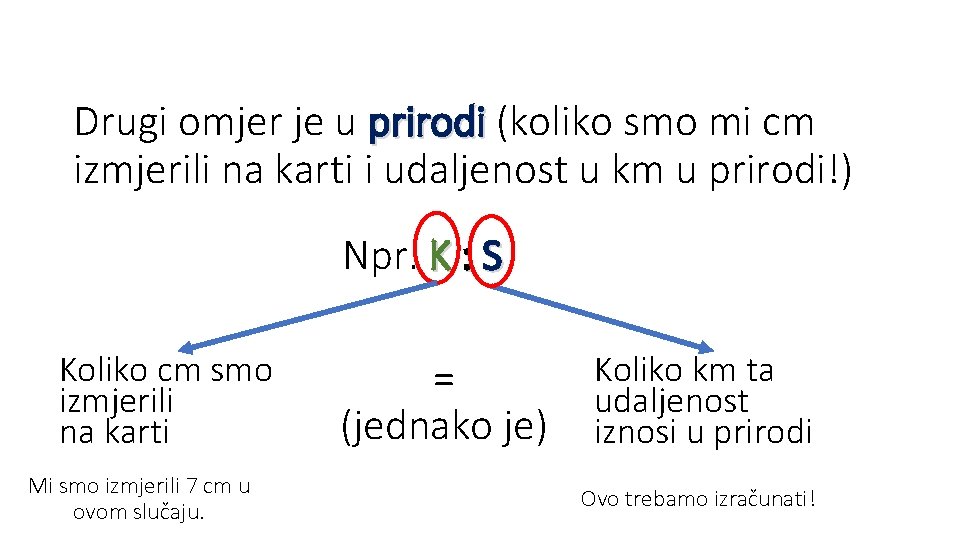 Drugi omjer je u prirodi (koliko smo mi cm izmjerili na karti i udaljenost