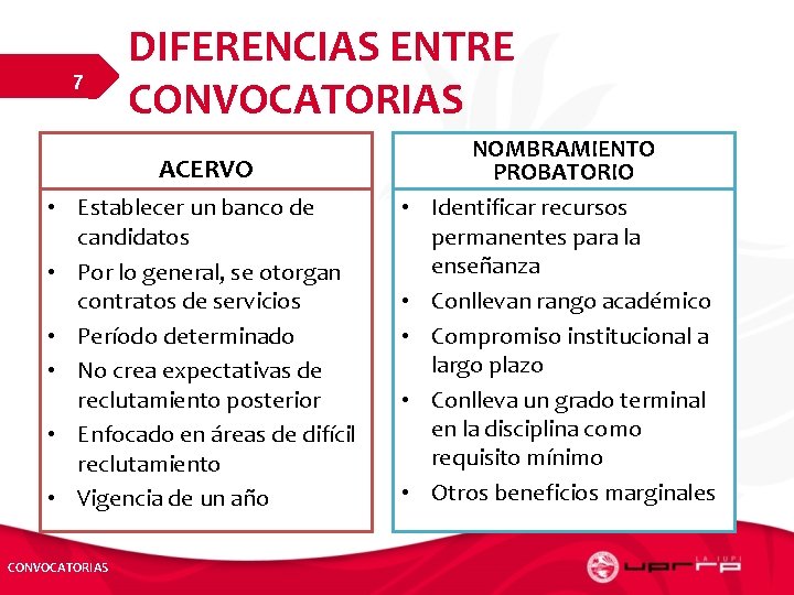 7 DIFERENCIAS ENTRE CONVOCATORIAS ACERVO • Establecer un banco de candidatos • Por lo