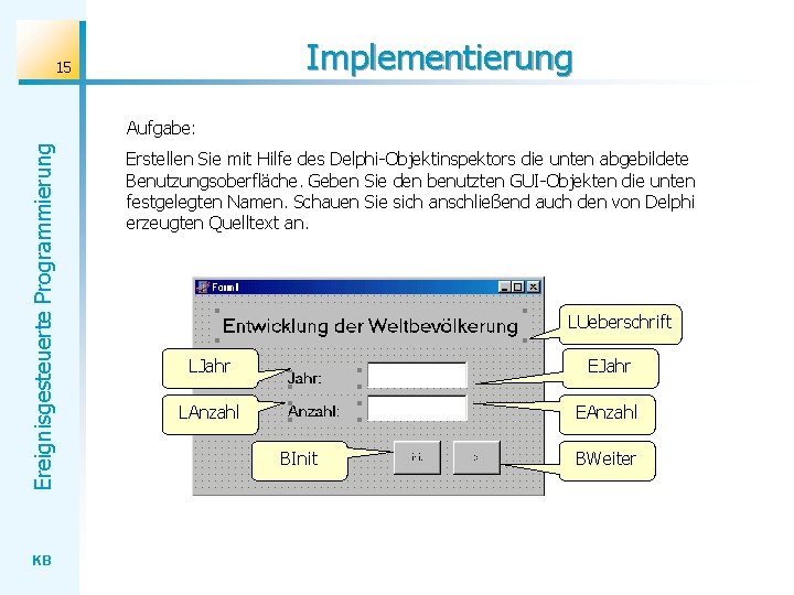 Implementierung 15 Ereignisgesteuerte Programmierung Aufgabe: KB Erstellen Sie mit Hilfe des Delphi-Objektinspektors die unten