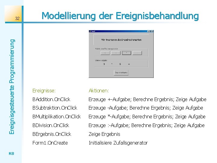 Ereignisgesteuerte Programmierung 32 KB Modellierung der Ereignisbehandlung Ereignisse: Aktionen: BAddition. On. Click Erzeuge +-Aufgabe;