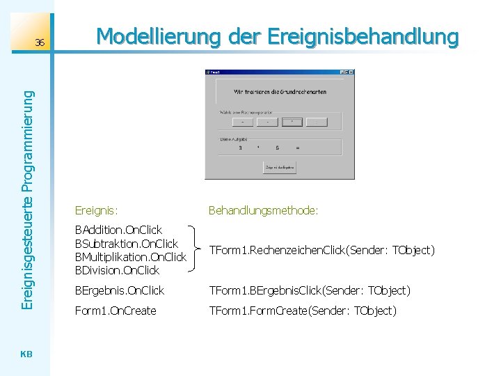 Ereignisgesteuerte Programmierung 36 KB Modellierung der Ereignisbehandlung Ereignis: Behandlungsmethode: BAddition. On. Click BSubtraktion. On.
