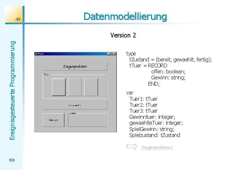 49 Datenmodellierung Ereignisgesteuerte Programmierung Version 2 type t. Zustand = (bereit, gewaehlt, fertig); t.