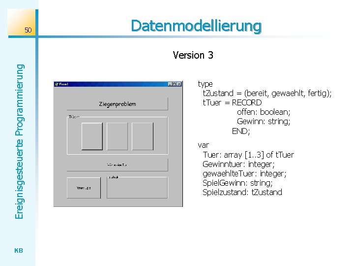 50 Datenmodellierung Ereignisgesteuerte Programmierung Version 3 KB type t. Zustand = (bereit, gewaehlt, fertig);