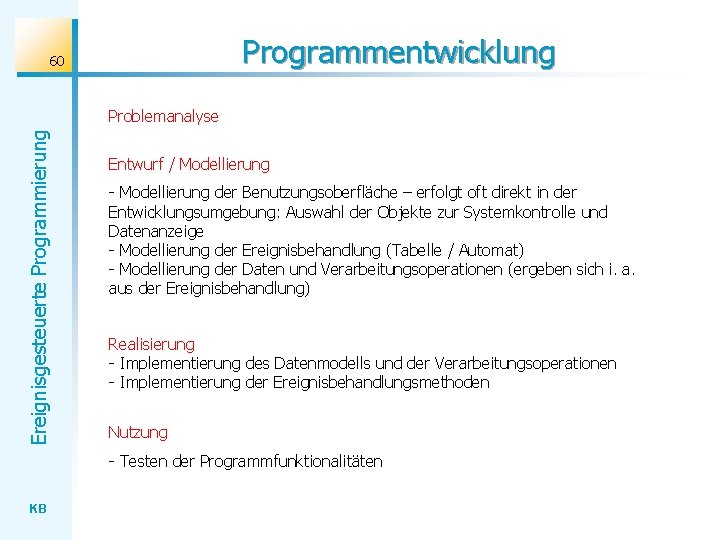 Programmentwicklung 60 Ereignisgesteuerte Programmierung Problemanalyse Entwurf / Modellierung - Modellierung der Benutzungsoberfläche – erfolgt