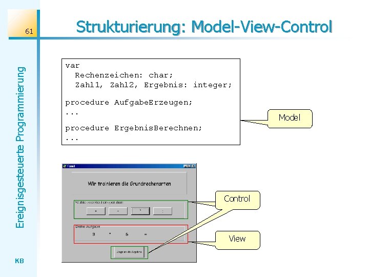 Ereignisgesteuerte Programmierung 61 Strukturierung: Model-View-Control var Rechenzeichen: char; Zahl 1, Zahl 2, Ergebnis: integer;