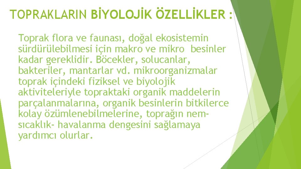 TOPRAKLARIN BİYOLOJİK ÖZELLİKLER : Toprak flora ve faunası, doğal ekosistemin sürdürülebilmesi için makro ve