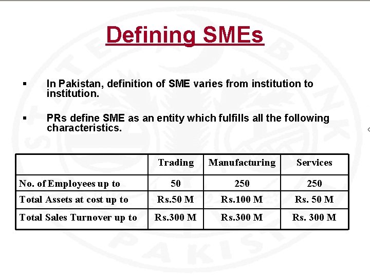 Defining SMEs § In Pakistan, definition of SME varies from institution to institution. §