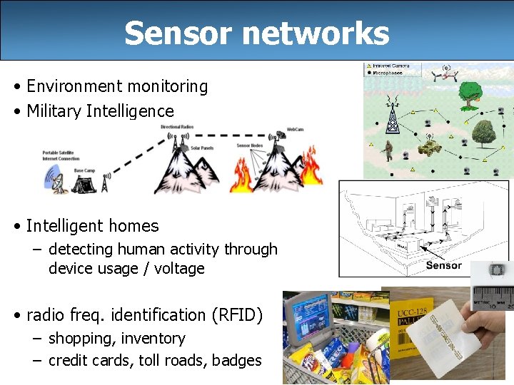 Sensor networks • Environment monitoring • Military Intelligence • Intelligent homes – detecting human