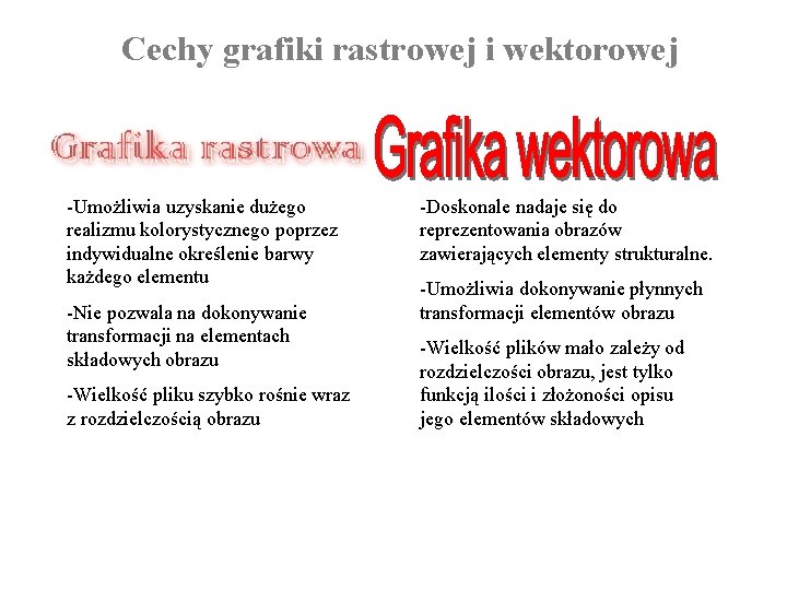 Cechy grafiki rastrowej i wektorowej -Umożliwia uzyskanie dużego realizmu kolorystycznego poprzez indywidualne określenie barwy