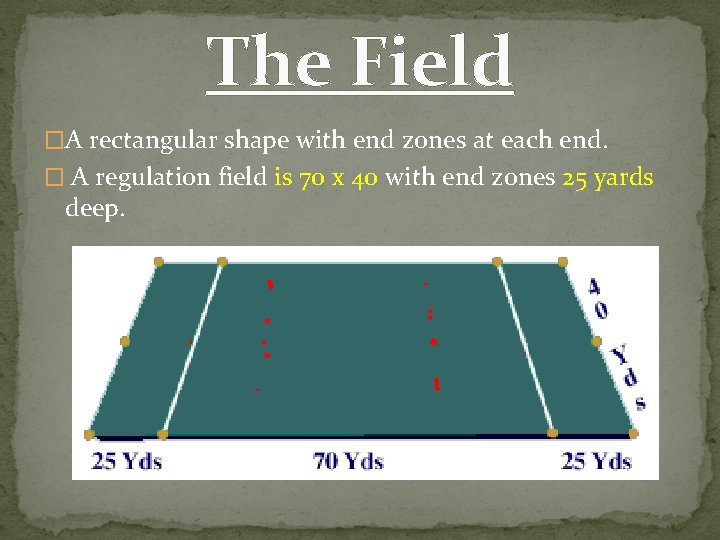 The Field �A rectangular shape with end zones at each end. � A regulation