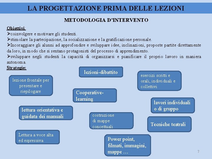 LA PROGETTAZIONE PRIMA DELLE LEZIONI METODOLOGIA D’INTERVENTO Obiettivi: coinvolgere e motivare gli studenti. stimolare