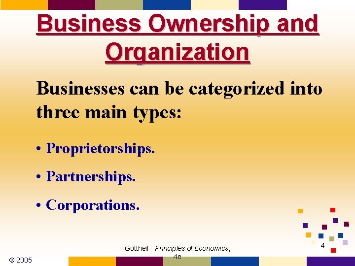 Business Ownership and Organization Businesses can be categorized into three main types: • Proprietorships.