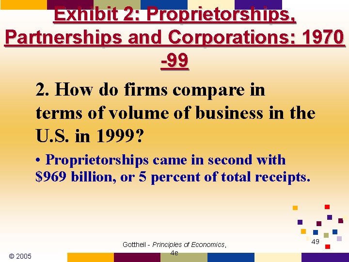 Exhibit 2: Proprietorships, Partnerships and Corporations: 1970 -99 2. How do firms compare in