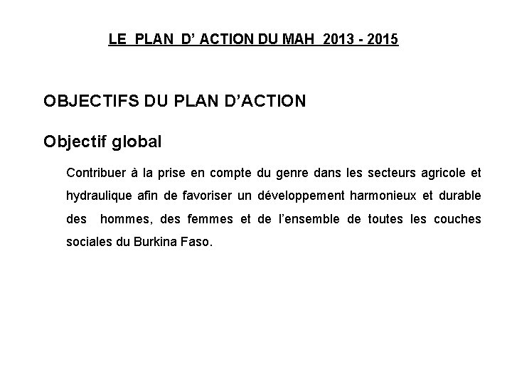  LE PLAN D’ ACTION DU MAH 2013 - 2015 OBJECTIFS DU PLAN D’ACTION