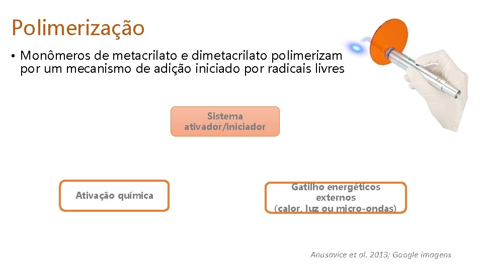 Polimerização • Monômeros de metacrilato e dimetacrilato polimerizam por um mecanismo de adição iniciado