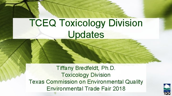 TCEQ Toxicology Division Updates Tiffany Bredfeldt, Ph. D. Toxicology Division Texas Commission on Environmental