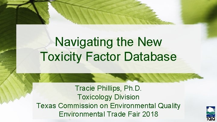 Navigating the New Toxicity Factor Database Tracie Phillips, Ph. D. Toxicology Division Texas Commission